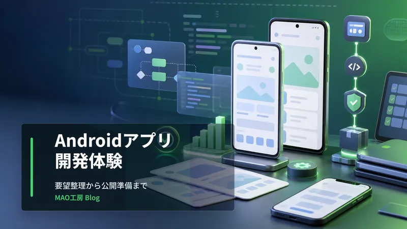 記事内容を表すアイキャッチ画像: Android Studioを使ったアプリ開発の流れや学び、実践的なポイントをまとめた体験記です