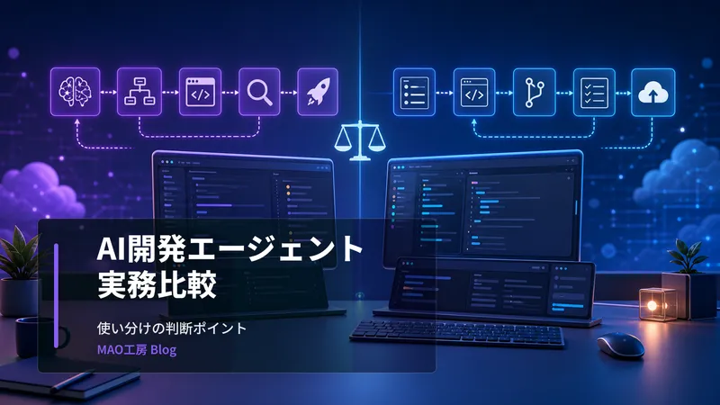 記事内容を表すアイキャッチ画像: Google Antigravity 2.0とOpenAI Codexはどちらが強いのか。公式情報をもとに、AIバイブコーディング、既存コード修正、PR作成、公開運用までの実務目線で比較します