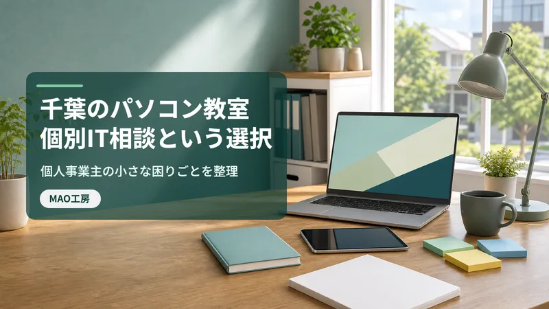 千葉のパソコン教室と個別IT相談の違いを表す、仕事机とパソコンのブログカバー画像