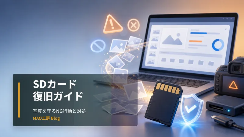 記事内容を表すアイキャッチ画像: SDカードが壊れて写真が見られなくなった時のNG行動、PhotoRecを使った復旧の流れ、船橋市での写真復旧事例をわかりやすく紹介します