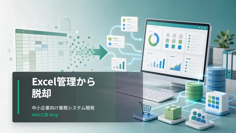 記事内容を表すアイキャッチ画像: Excelやスプレッドシート管理の限界を感じている中小企業様・個人事業主様向けに、受注売上管理アプリの事例と業務システム開発の進め方を紹介します